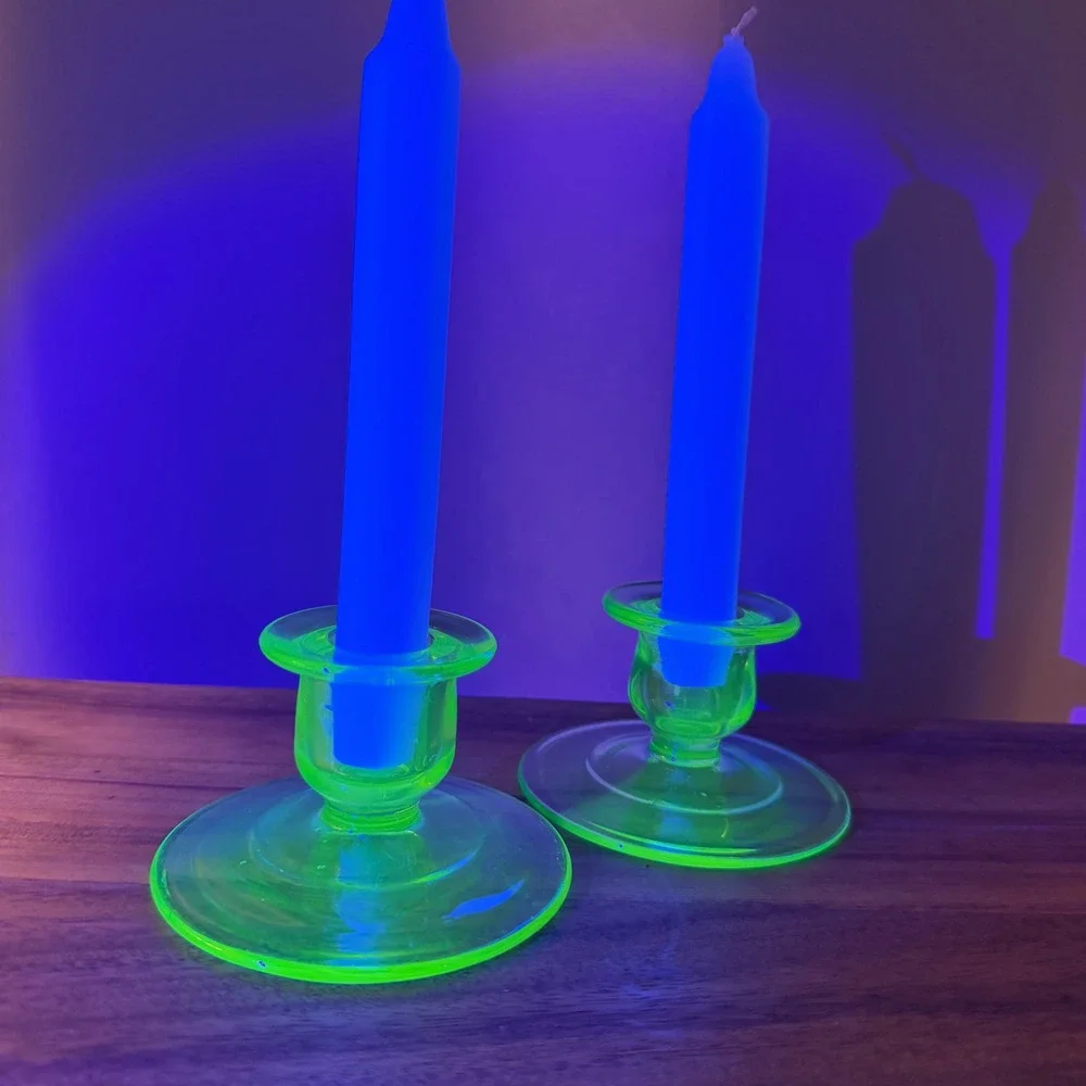 Vintage Uranium Glass Candlestick Holders‎ Green Vaseline Glass Set of 2 Glows